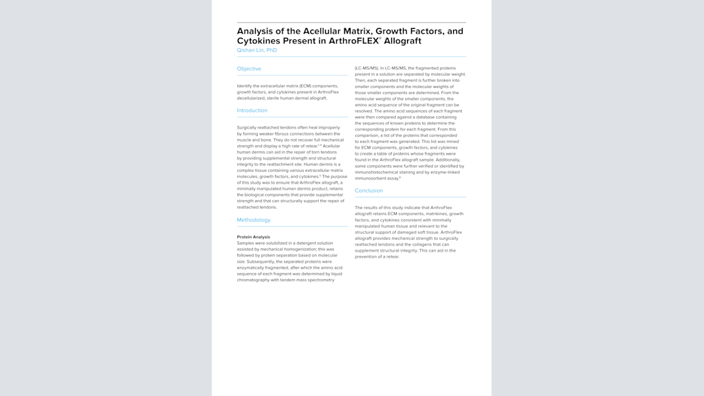 Analysis of the Acellular Matrix, Growth Factors, and Cytokines Present in ArthroFLEX® Allograft