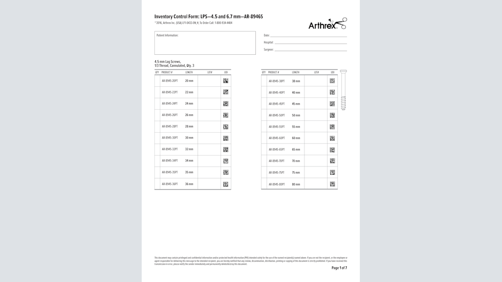 Inventory Control Form: LPS — 4.5 and 6.7 mm - AR-8946S