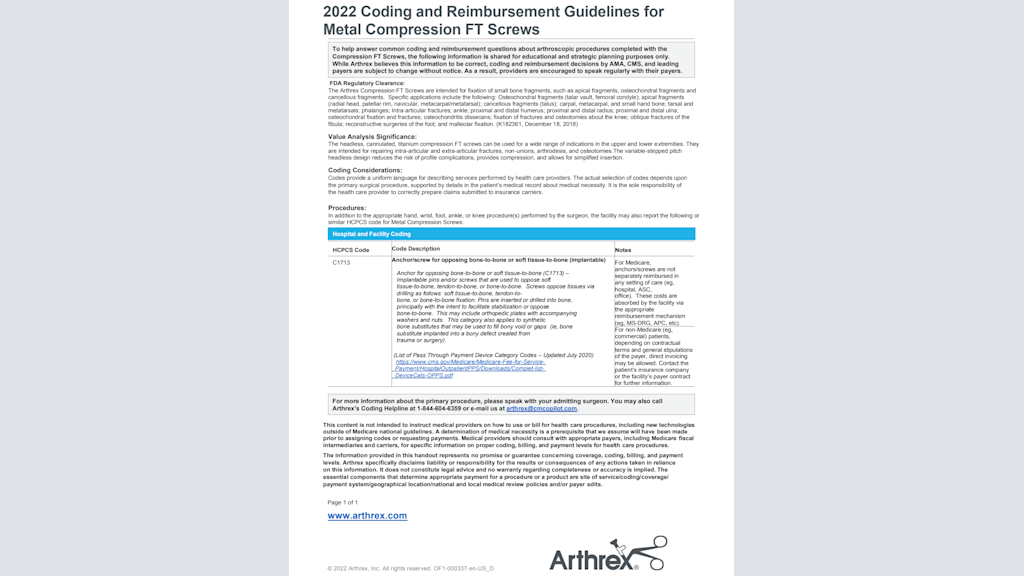 2022 Coding and Reimbursement Guidelines for Metal Compression FT Screws