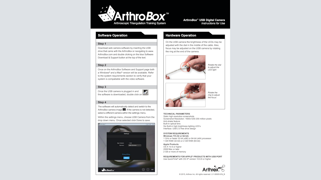 ArthroBox™ USB Digital Camera - Instructions for Use
