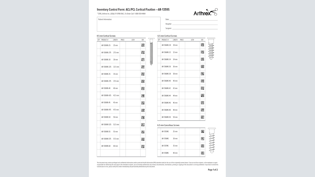 Inventory Control Form: ACL-PCL - Cortical Fixation - AR-1359S