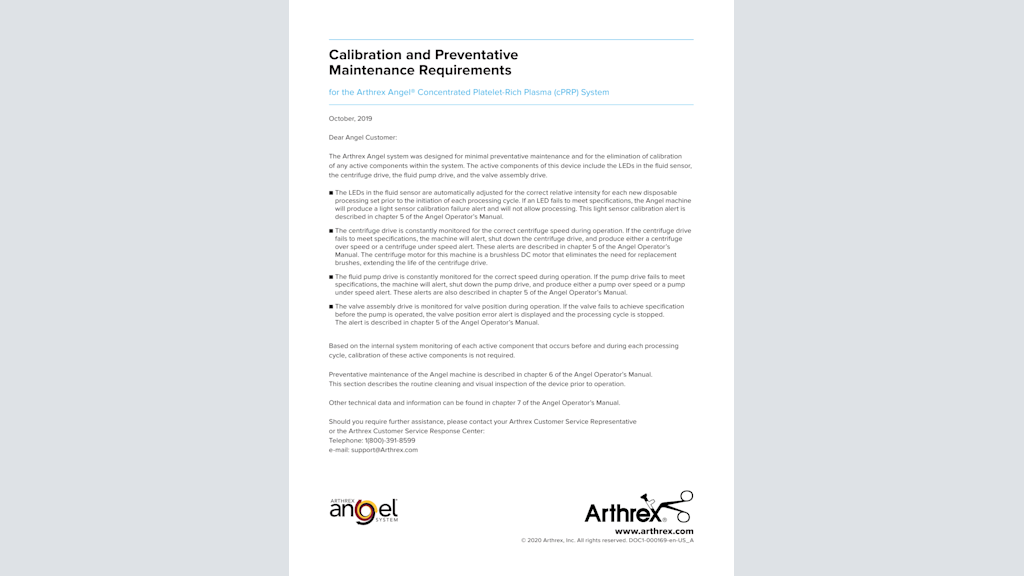 Calibration and Preventative Maintenance Requirements for the Arthrex Angel® Concentrated Platelet-Rich Plasma (cPRP) System