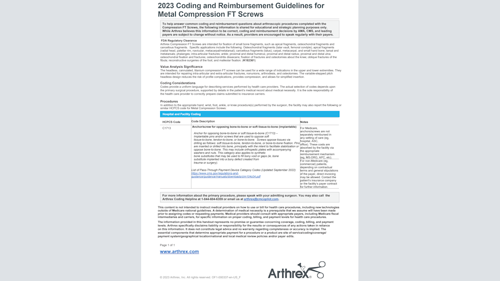 2023 Coding and Reimbursement Guidelines for Metal Compression FT Screws