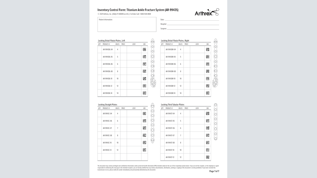 Inventory Control Form: Titanium Ankle Fracture System (AR-9943S)