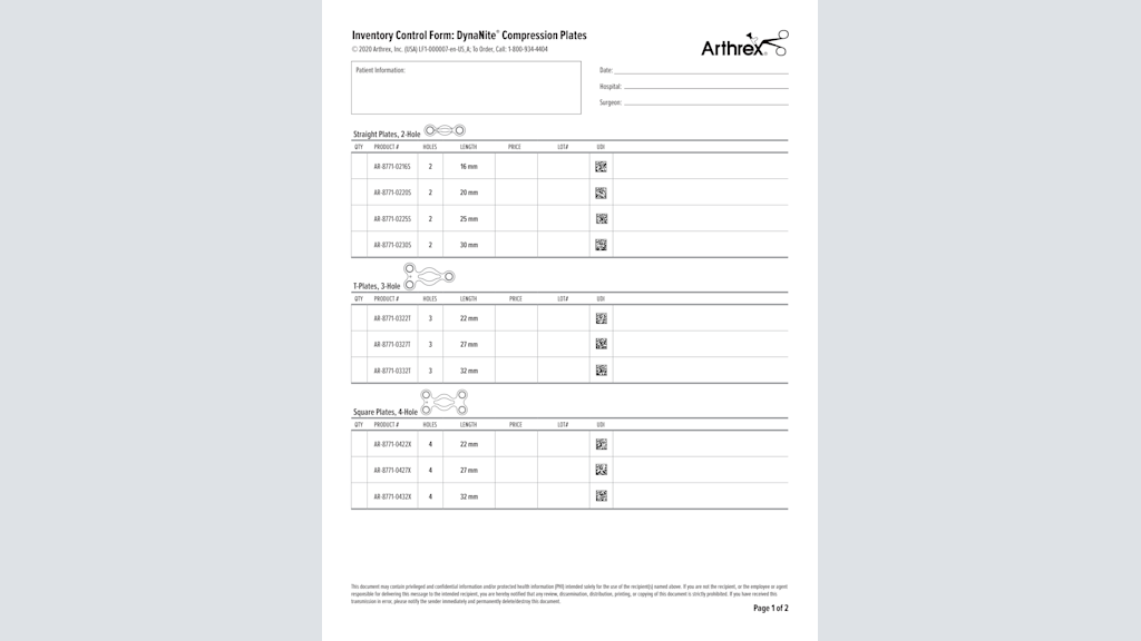 Inventory Control Form: DynaNite® Compression Plates