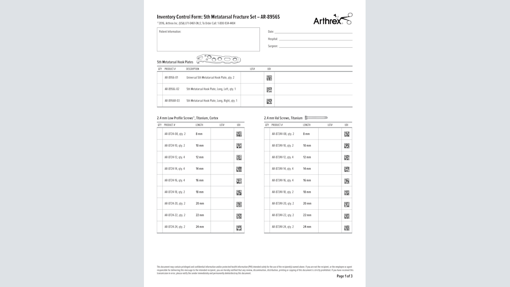 Inventory Control Form: 5th Metatarsal Fracture Set – AR-8956S