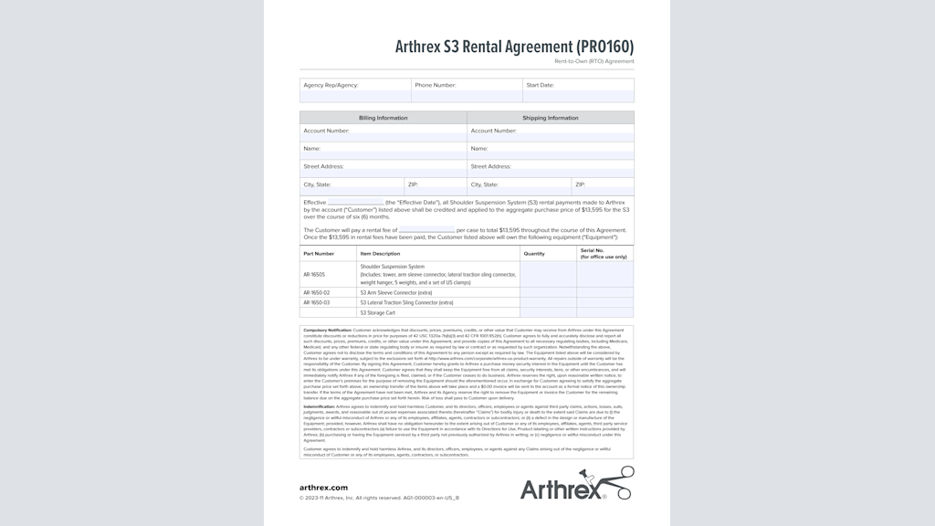 Arthrex S3 Rental Agreement (PRO160)
