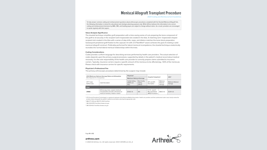 Meniscal Allograft Transplant Procedure 2024 Coding and Reimbursement Guidelines