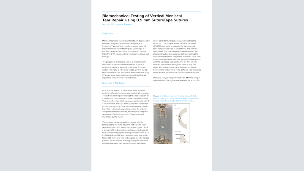 Biomechanical Testing of Vertical Meniscal  Tear Repair Using 0.9 mm SutureTape Sutures