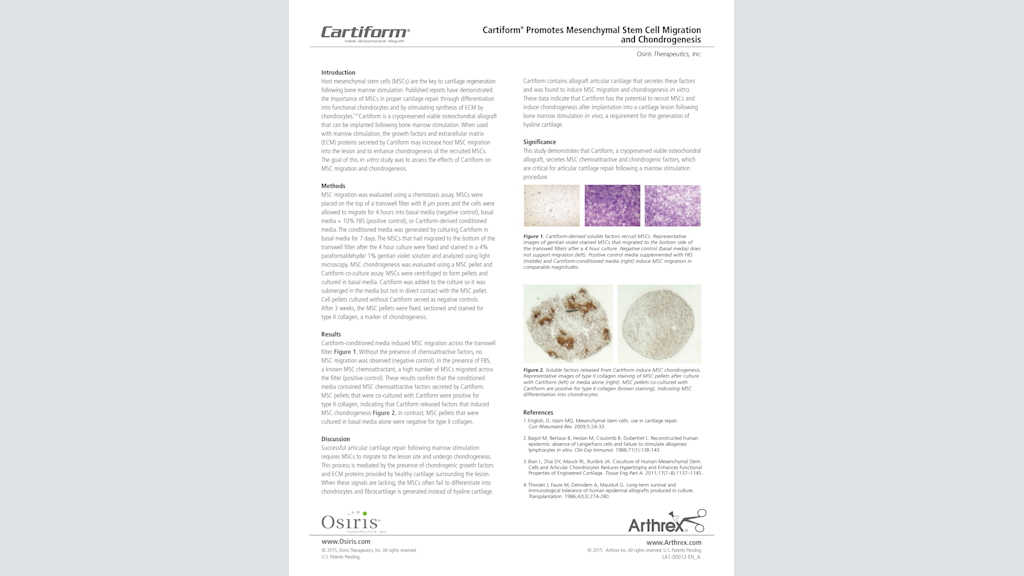 Cartiform® Promotes Mesenchymal Stem Cell Migration and Chondrogenesis