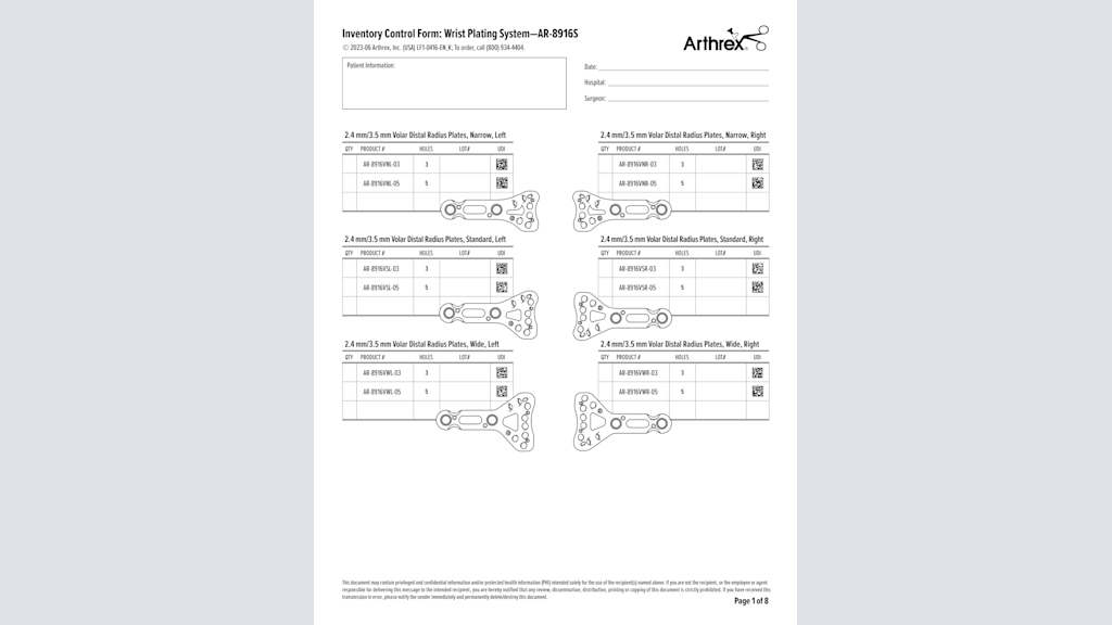 Inventory Control Form: Wrist Plating System—AR-8916S