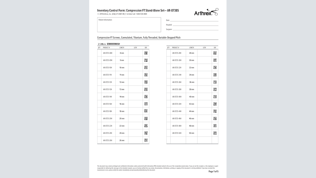 Inventory Control Form: Compression FT Stand Alone Set - AR-8738S