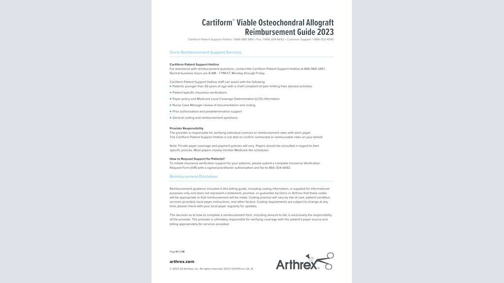 Cartiform® Viable Osteochondral Allograft Reimbursement Guide 2023