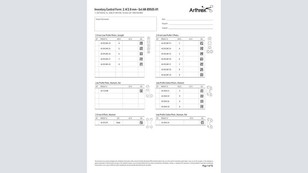 Inventory Control Form: 2.4/3.0 mm—Set AR-8950S-01