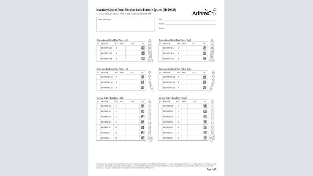 Inventory Control Form: Titanium Ankle Fracture System (AR-9943S)