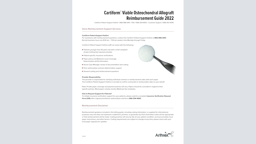 Cartiform Viable Osteochondral Allograft Reimbursement Guide 2022