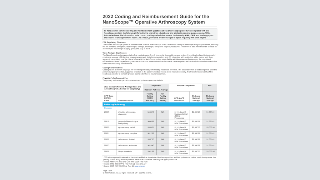 2022 NanoScope™ Operative Arthroscopy System Coding and Reimbursement Guide