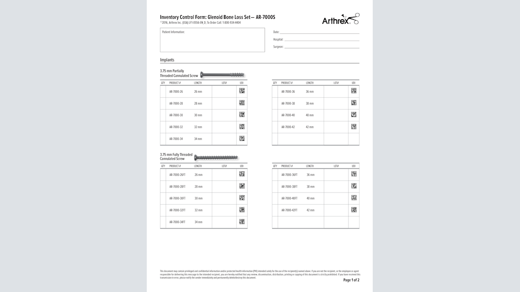Inventory Control Form - Glenoid Bone Loss Set (AR-7000S)