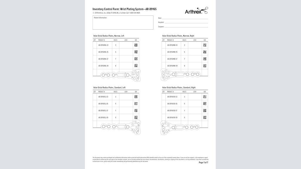 Inventory Control Form: Wrist Plating System - AR-8916S