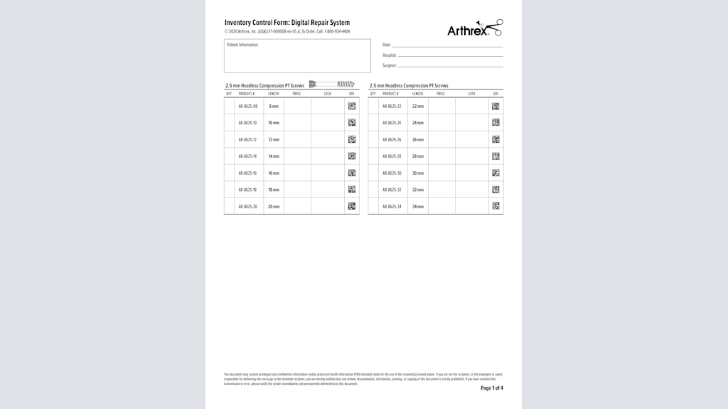 Arthrex Inventory Control Form Distal Radius at Dan Bray blog