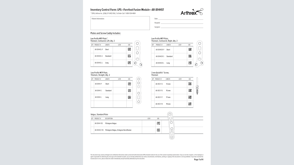 Inventory Control Form: LPS - Forefoot Fusion Module - AR-8944ST