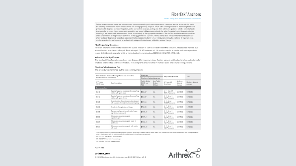 FiberTak® Anchors 2023 Coding and Reimbursement Guidelines