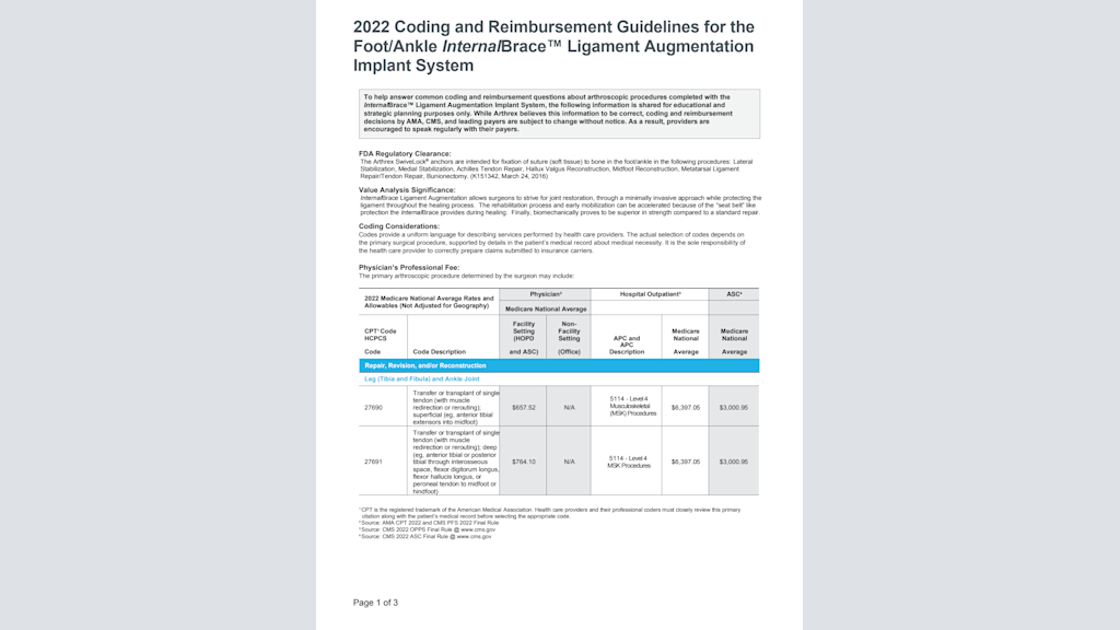2022 Coding and Reimbursement Guidelines for the Foot/Ankle InternalBrace™ Ligament Augmentation Implant System