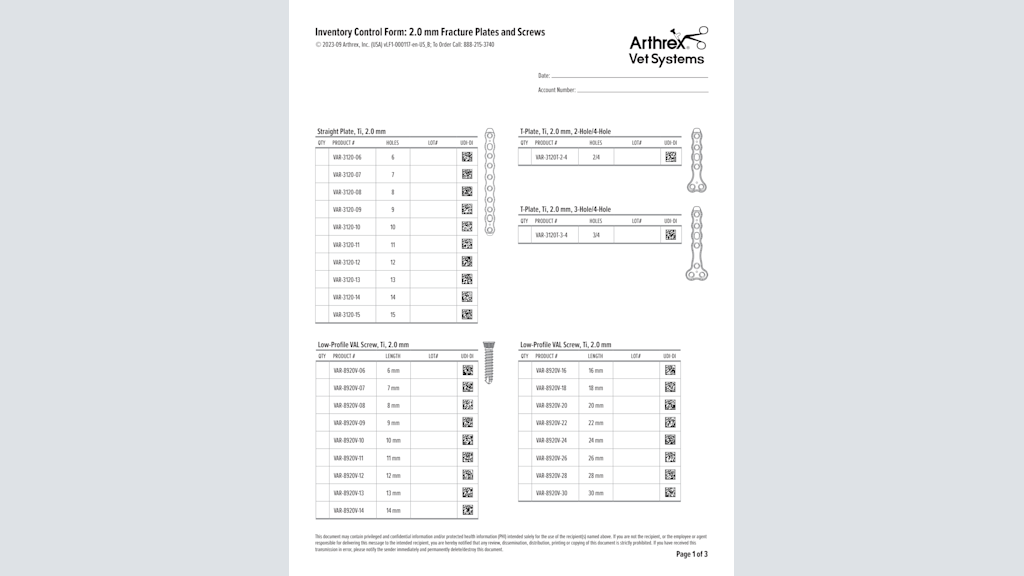 Inventory Control Form: 2.0 mm Fracture Plates and Screws