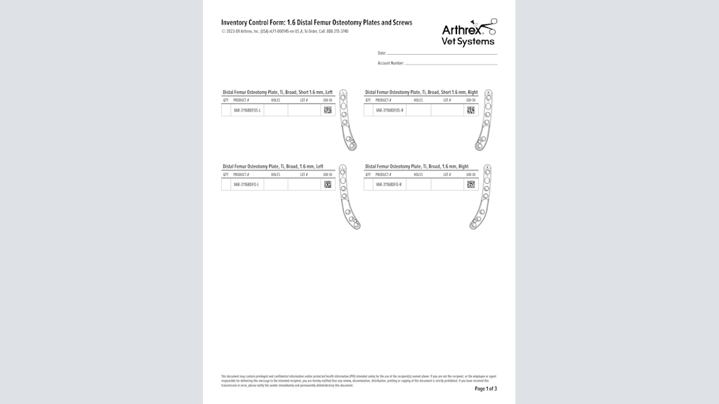 Inventory Control Form: 1.6 Distal Femur Osteotomy Plates and Screws