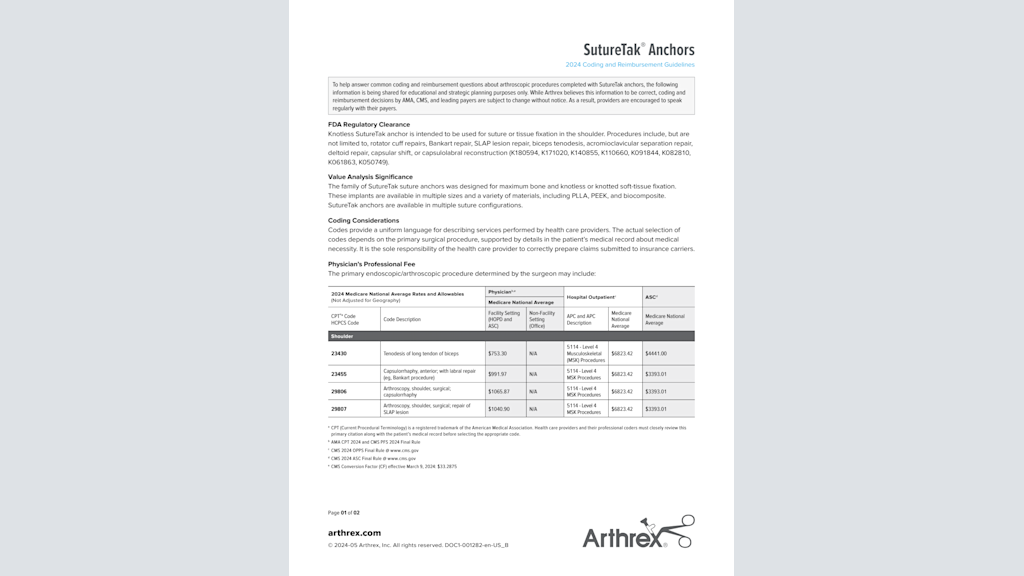 SutureTak® Anchors - 2024 Coding and Reimbursement Guidelines