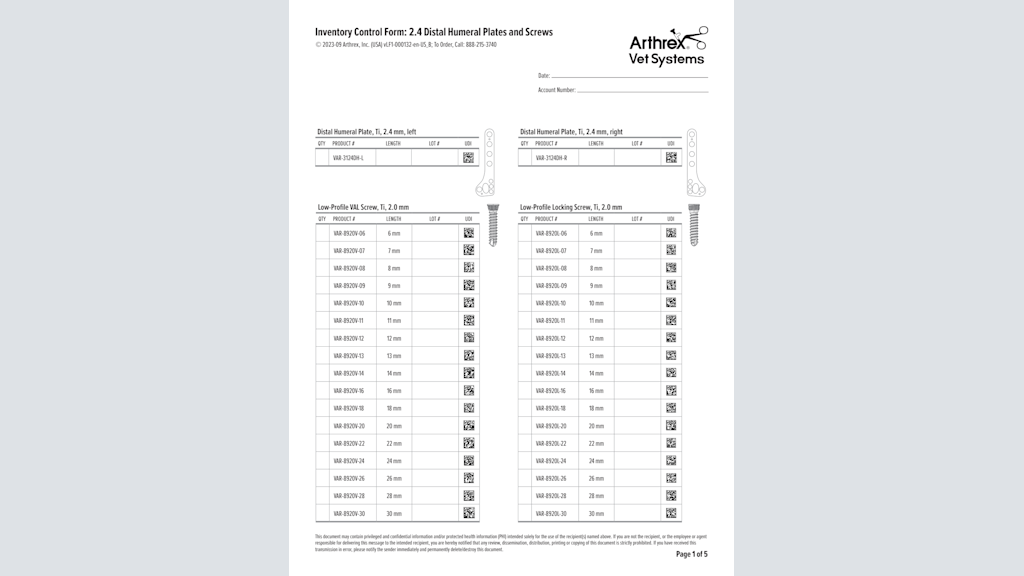 Inventory Control Form: 2.4 Distal Humeral Plates and Screws