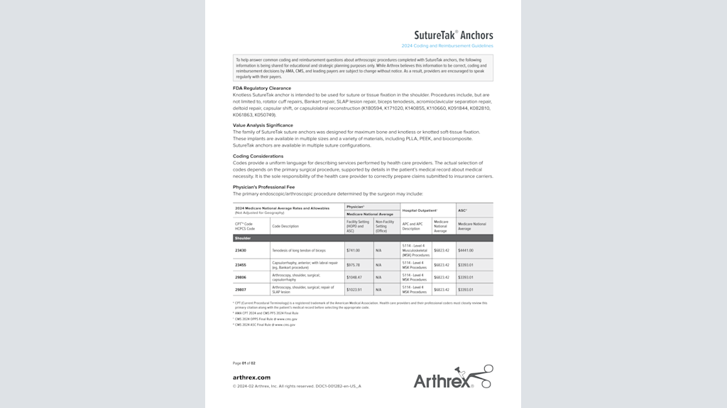 SutureTak® Anchors - 2024 Coding and Reimbursement Guidelines