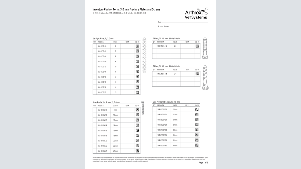 Inventory Control Form: 3.0 mm Fracture Plates and Screws