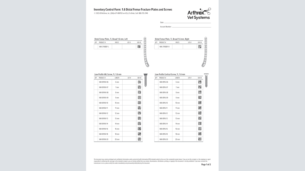 Inventory Control Form: 1.6 Distal Femur Fracture Plates and Screws