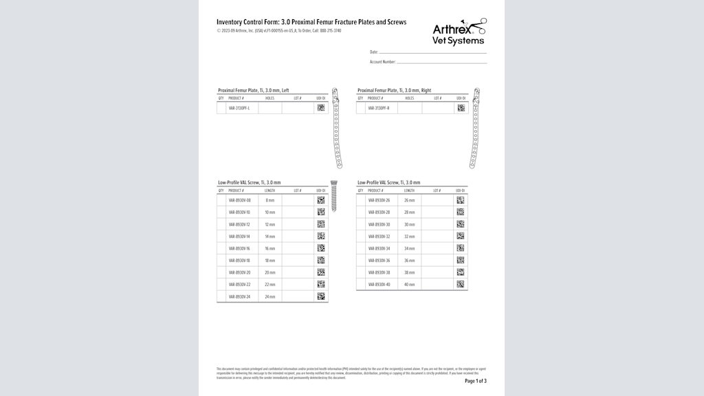 Inventory Control Form: 3.0 Proximal Femur Fracture Plates and Screws