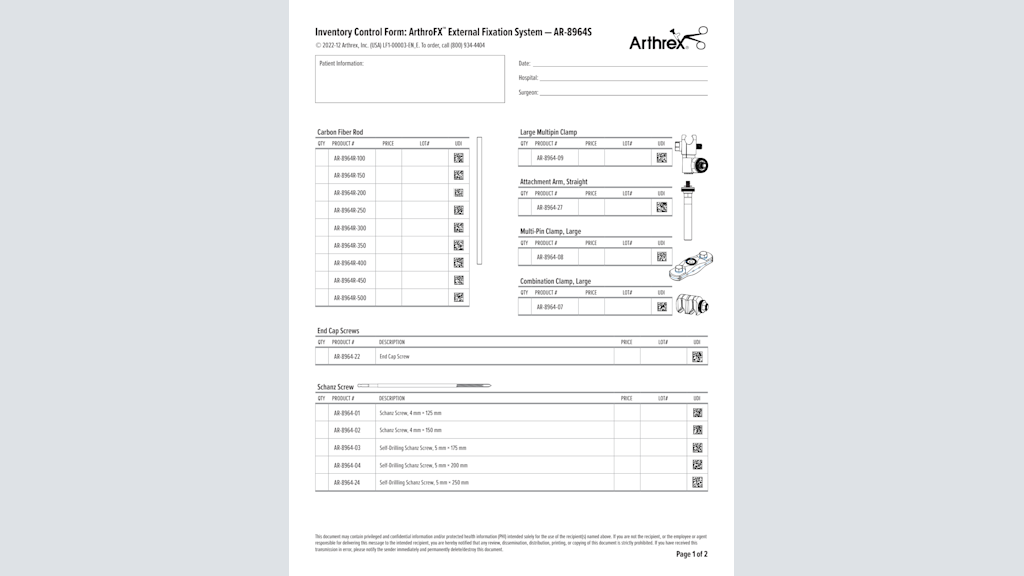 Inventory Control Form: ArthroFX™ External Fixation System — AR-8964S