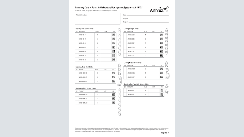 Inventory Control Form: Ankle Fracture Management System - AR-8943S