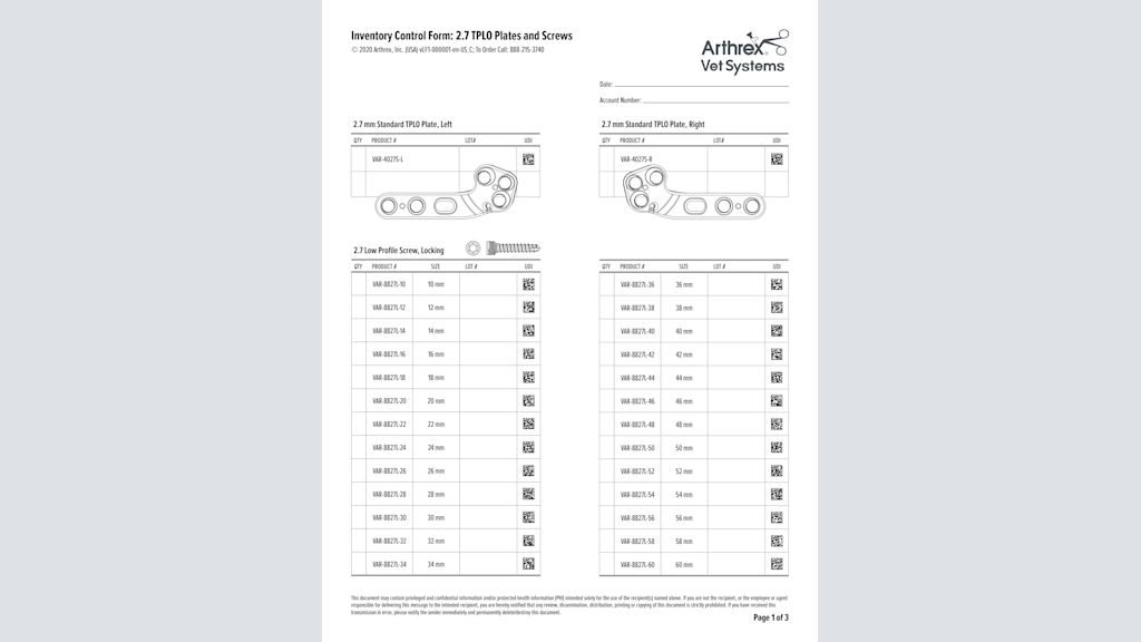 Inventory Control Form: 2.7 TPLO Plates and Screws