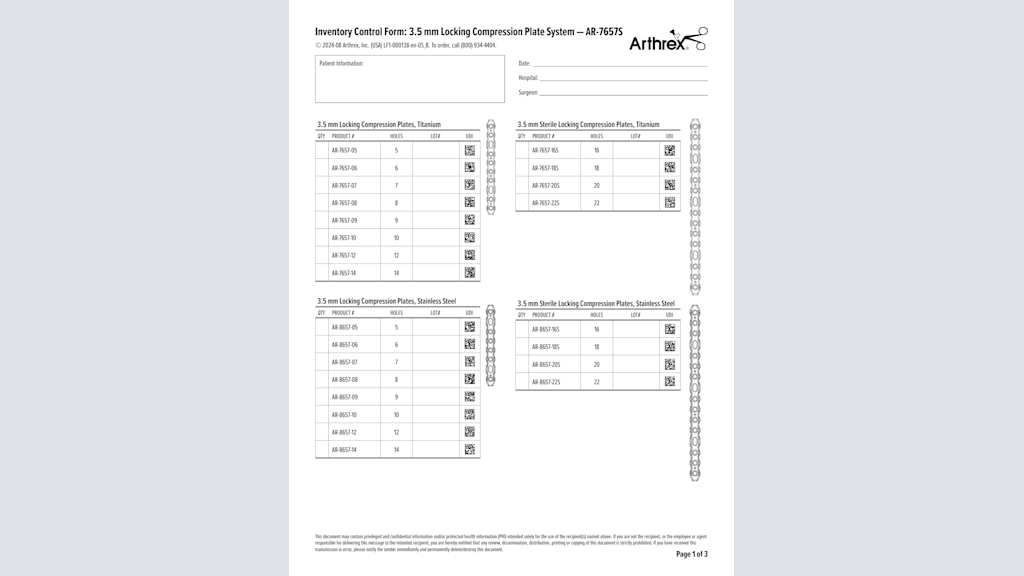 Inventory Control Form: 3.5 mm Locking Compression Plates - AR-7657S