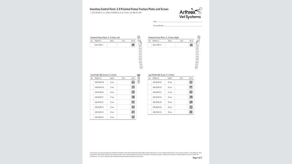 Inventory Control Form: 2.4 Proximal Femur Fracture Plates and Screws