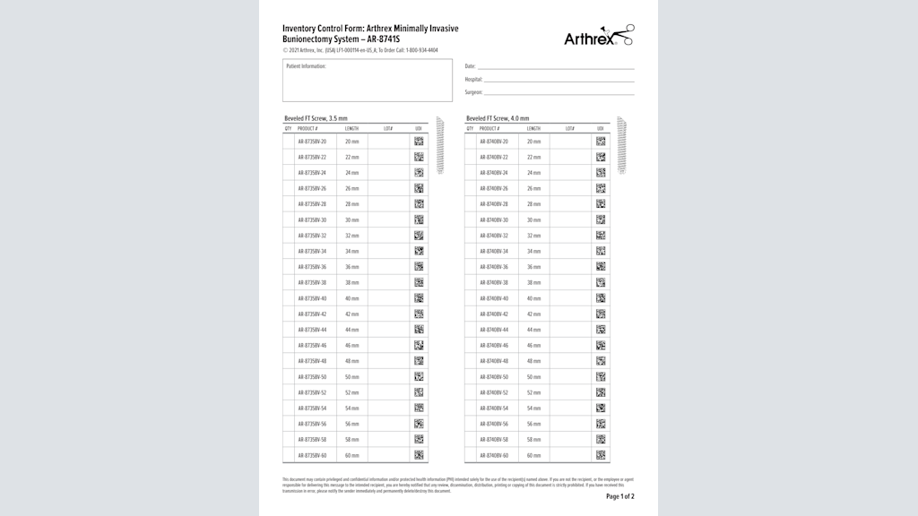 Inventory Control Form: Arthrex Minimally Invasive Bunionectomy System – AR-8741S