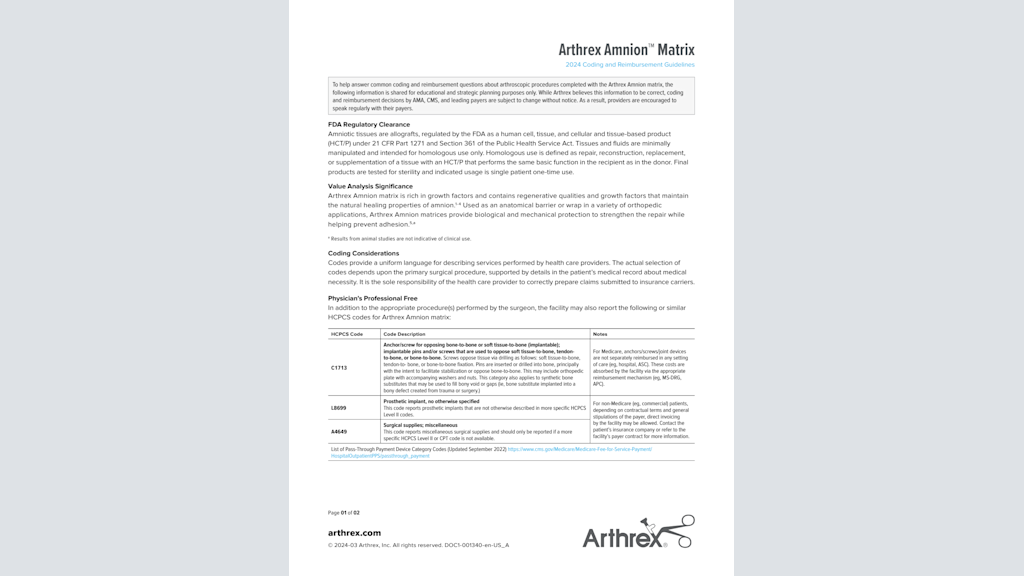 Arthrex Amnion™ Matrix 2024 Coding and Reimbursement Guidelines