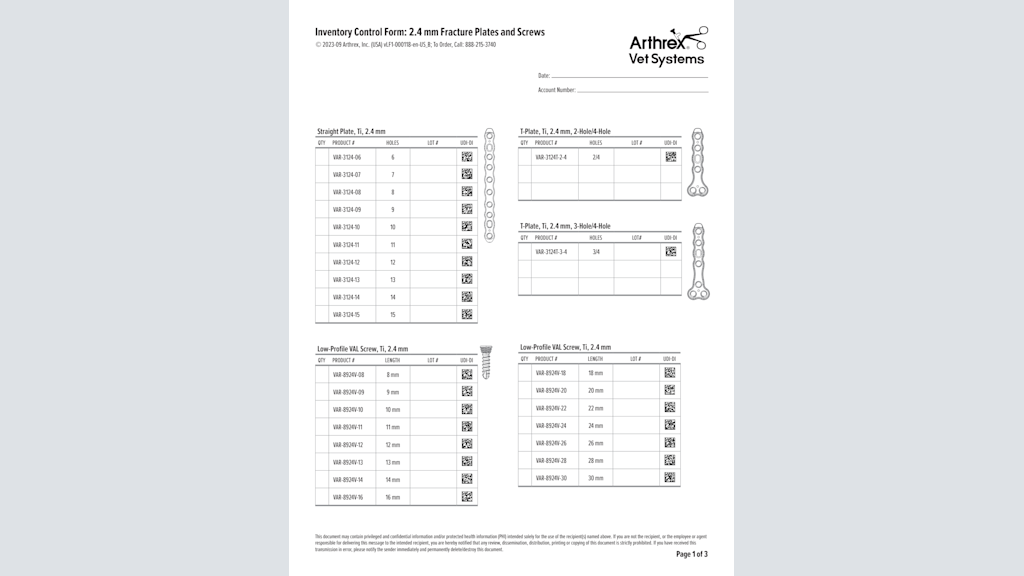 Inventory Control Form: 2.4 mm Fracture Plates and Screws