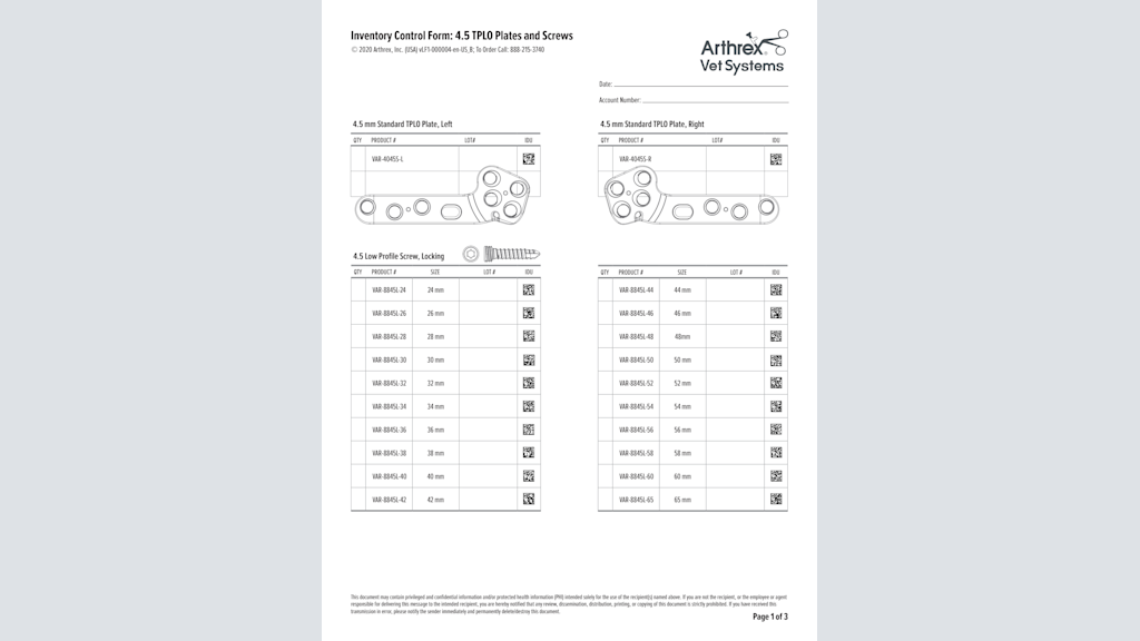 Inventory Control Form: 4.5 TPLO Plates and Screws