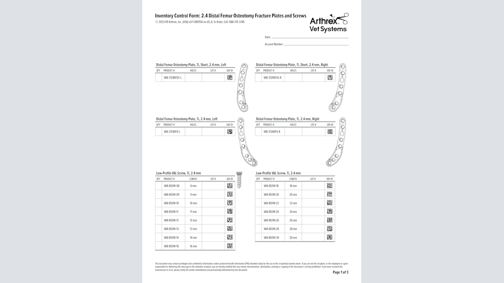 Inventory Control Form: 2.4 Distal Femur Osteotomy Fracture Plates and Screws