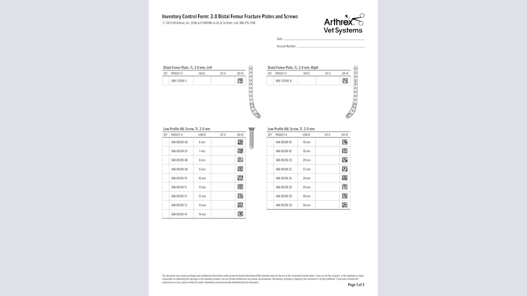 Inventory Control Form: 2.0 Distal Femur Fracture Plates and Screws