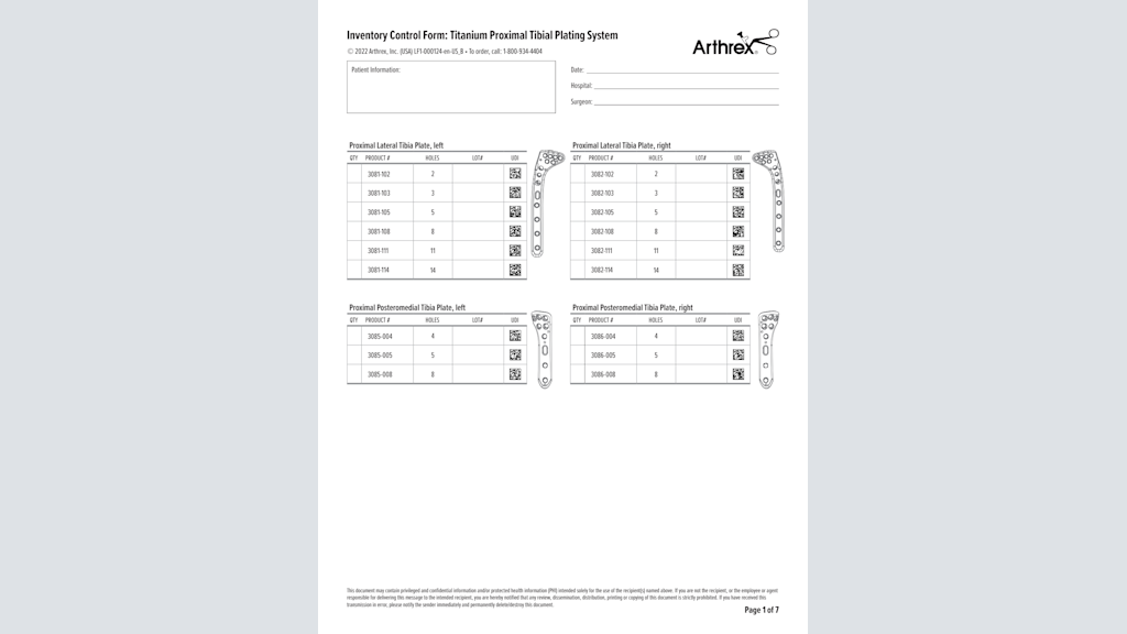 Inventory Control Form: Titanium Proximal Tibial Plating System