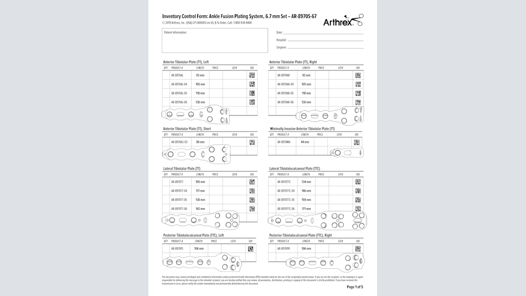Inventory Control Form: Ankle Fusion Plating System, 6.7 mm Set – AR-8970S-67