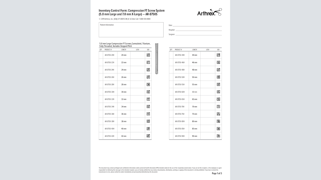 Inventory Control Form: Compression FT Screw System (5.0 mm Large and 7.0 mm x-Large) - AR-8750S