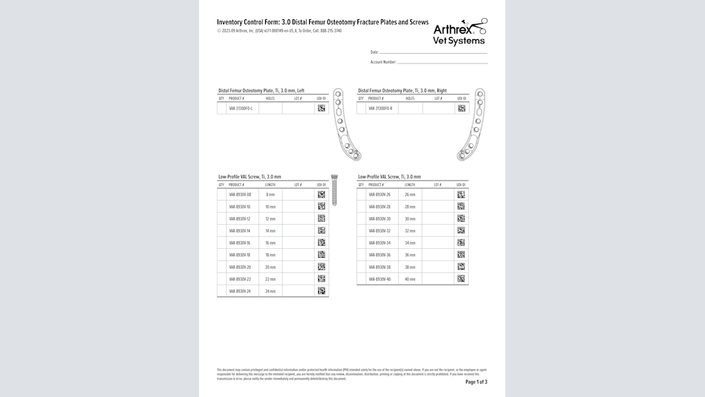 Inventory Control Form: 3.0 Distal Femur Osteotomy Fracture Plates and Screws